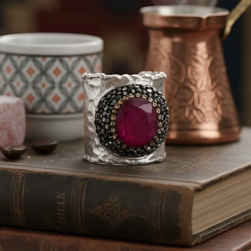 Boho Glam Ruby Gemstone Adjustable Turkish Handmade Wide Silver-Plated Ring